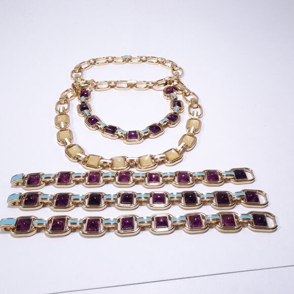 NWT 68 Banana Republic Gold Purple Stone Blue Enamel Link Clasp Bracelet - Picture 6 of 7